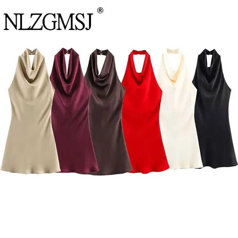 Satin Women Party Dress 2026 Spring Summer Backless Sleeveless Halter Slim A Line Short Mini Dress Y2K