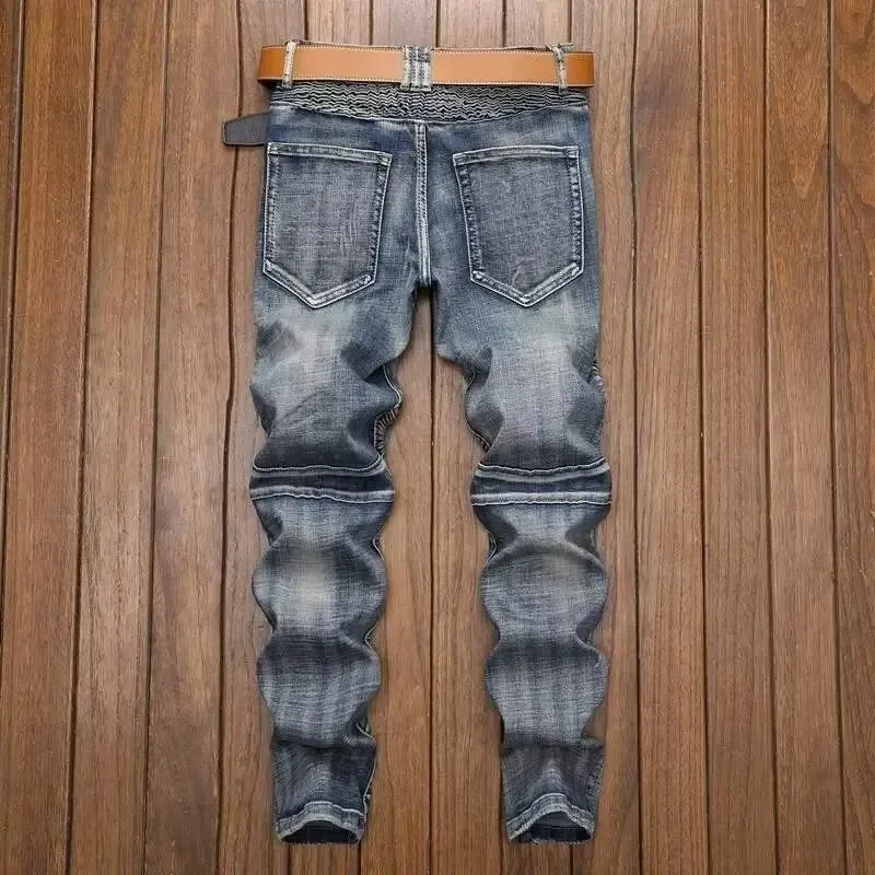 Spring and Autumn 2026 Men's Ripped Jeans Men's Trendy Brand Retro Old Splicing Slim Pants Korean Beggar Motorcycle Pants Men