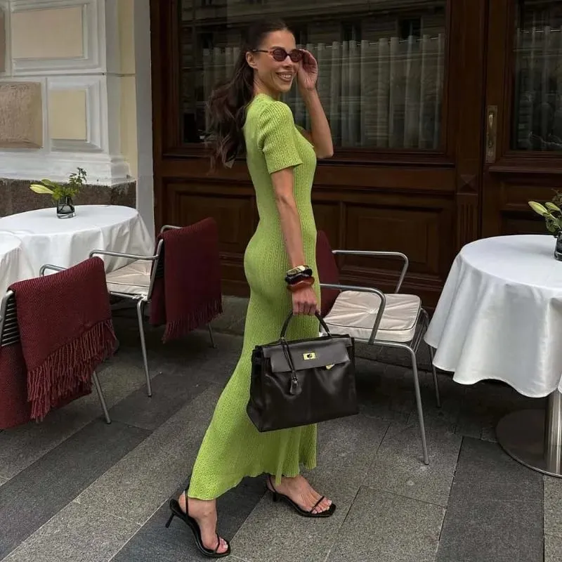 New Knitted Short Sleeve Long Length Waist Bodycon Fishtail Dress Female Hollow Out Lace Up Ribbed Patchwork Elegant Dresses