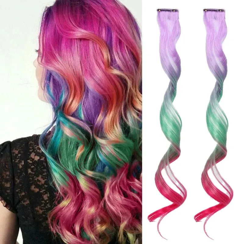 2pcs 16 Inch Colorful Hair Extensions Synthetic Ombre Wavy Clip in Hair Extensions Lightweight Hairpieces for Women Party Wear