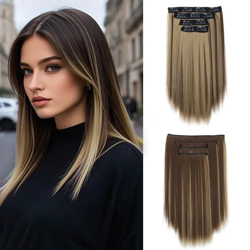 14Inch Synthetic Long Straight Hair Extension 4pcs/set Black Brown Blonde Adds Volume Hairpiece for Women