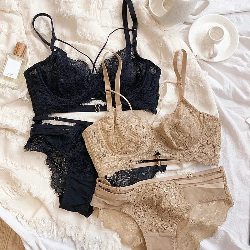 2 Pieces Sexy Hollow Push Up Bra Set French Lace Embroidery Underwear para sa mga Babae Summer Ultra Manipis Breathable Intimates Lingerie
