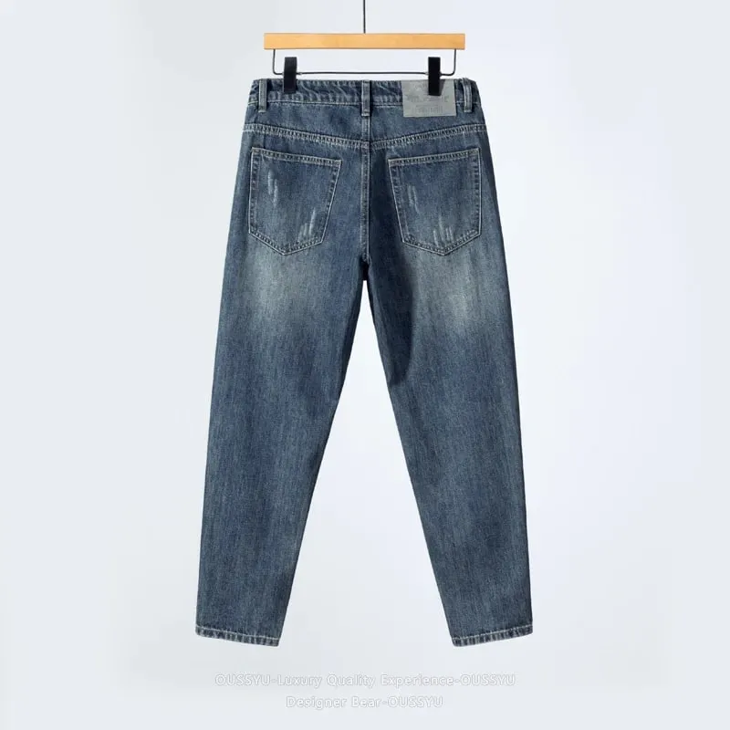 2026 Men's Spring Summer Ripped Hole Jeans Korean Style Straight Leg Casual Harem Denim Pants Distressed Washed Baggy Trousers