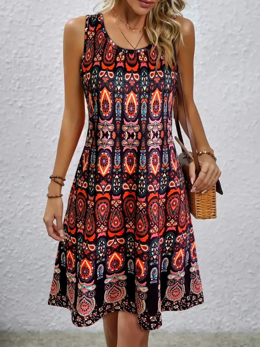 Women's Vintage All-Over Print Sleeveless Dress - Off-Shoulder Summer Sundress Casual Boho Beach Dress