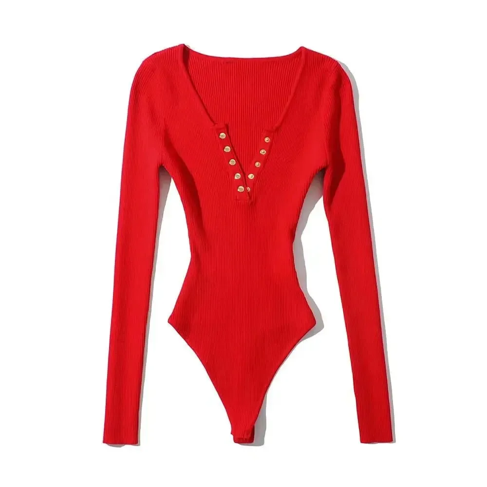 Long Sleeve Gold Button Detail Slim Fit V-Neck Bodysuit Sexy Elegant Wear Spring Autumn Women's Trendy Ribbed Knit Bodysui