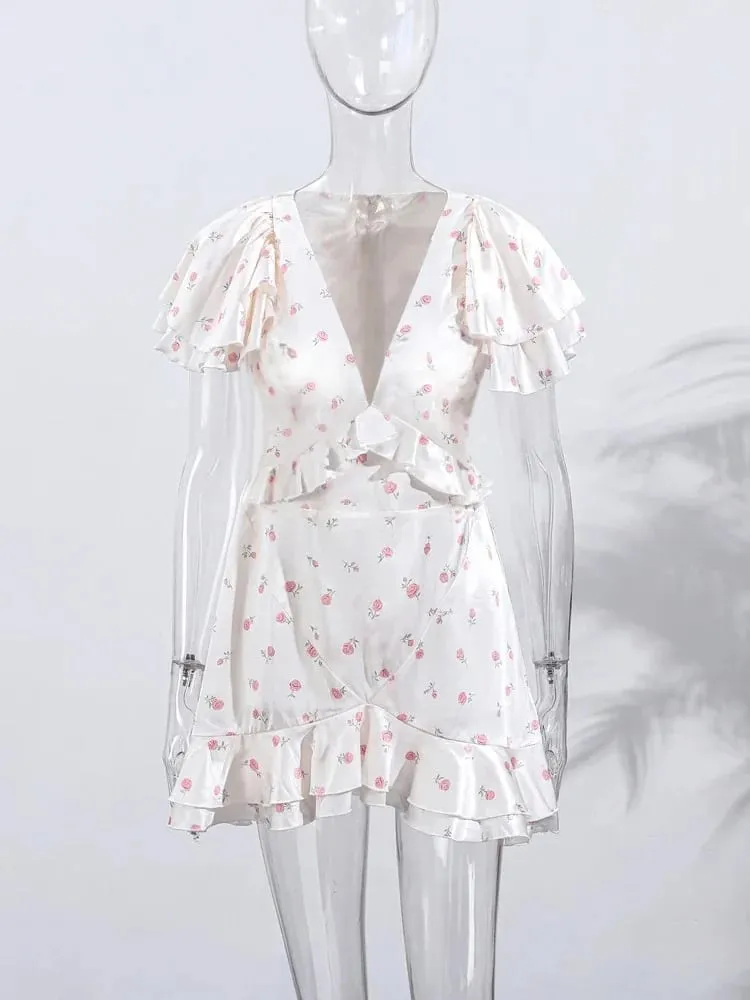 2026 Spring Women's Summer New Ruffled Floral Short Skirt V-neck Pleated Dress Shorts
