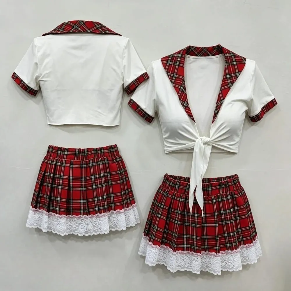 Schoolgirl Cosplay Lingerie Set Red Plaid Tie Front Crop Top Lace Trim Mini Skirt Outfit