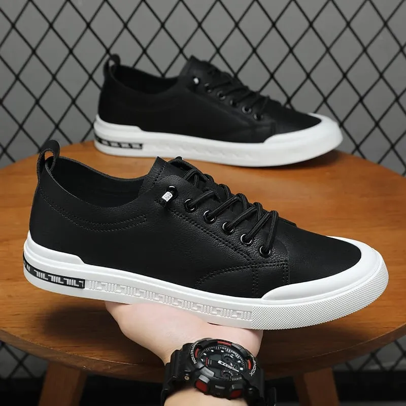 Men'S White Faux Leather Casual Sneakers Low Top Slip On Design Elastic Laces Comfortable Non Slip Sole Versatile Fashionable Sk