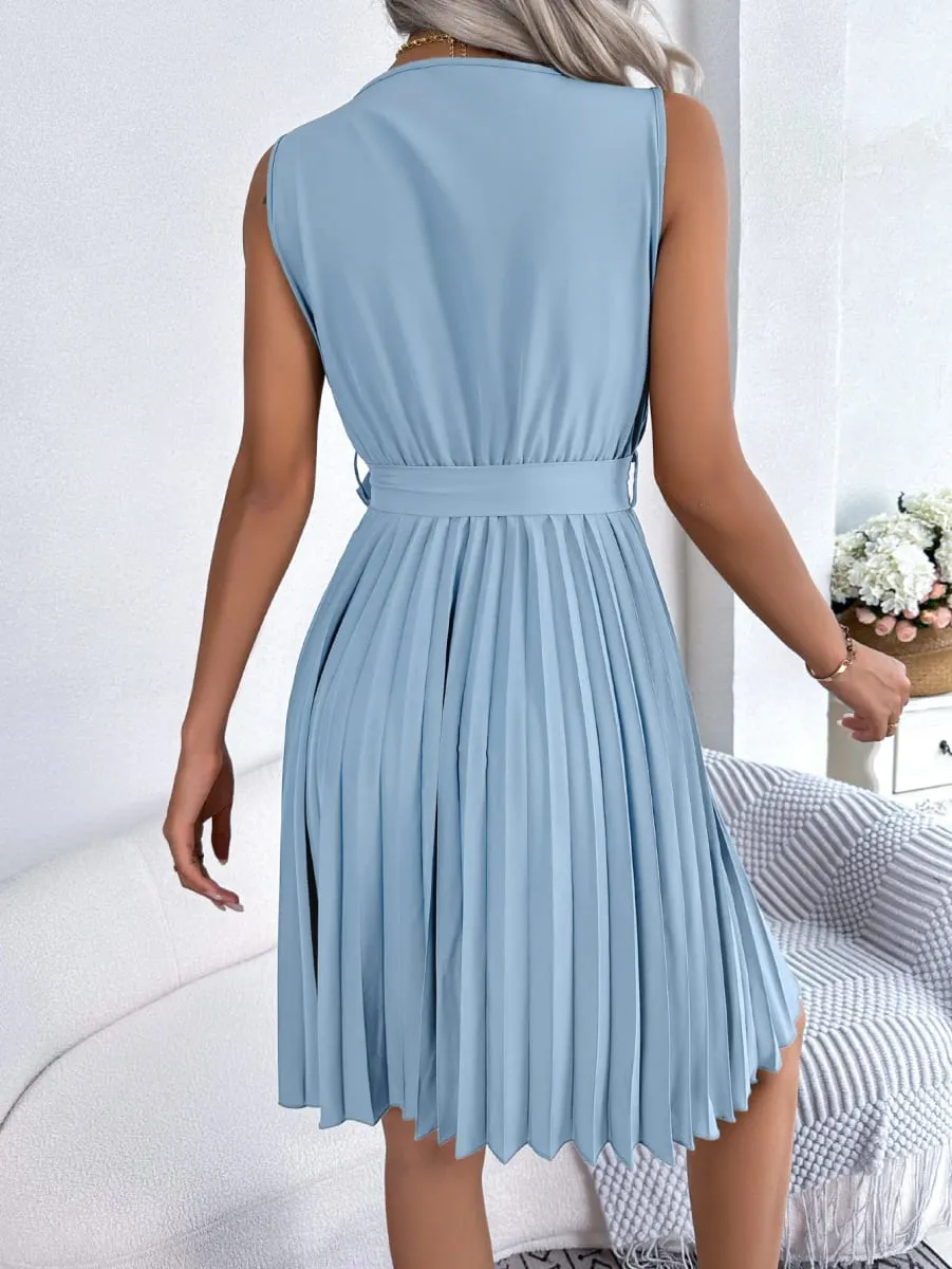 Women's Summer Casual Elegant Sleeveless Dress with Cross V-Neck Tie-Waist & Pleated Detail in Solid Color — image 6
