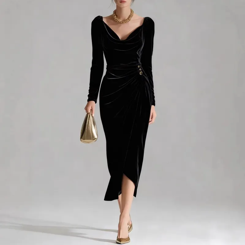 2025 Women's European & American Fashion Leisure Velvet Sexy New Long-sleeved Slimming Pleated Long A-line Split Bodycon Dress