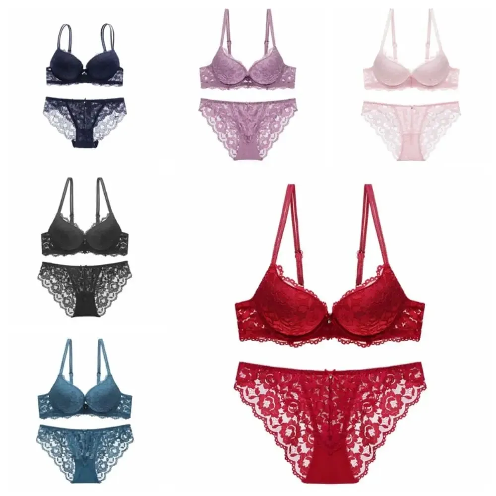 Sweet Mesh Lace Flower Bra Low Waist Non Slip Bra Panties Set Lingerie Bowknot Push Up Bra Women Women