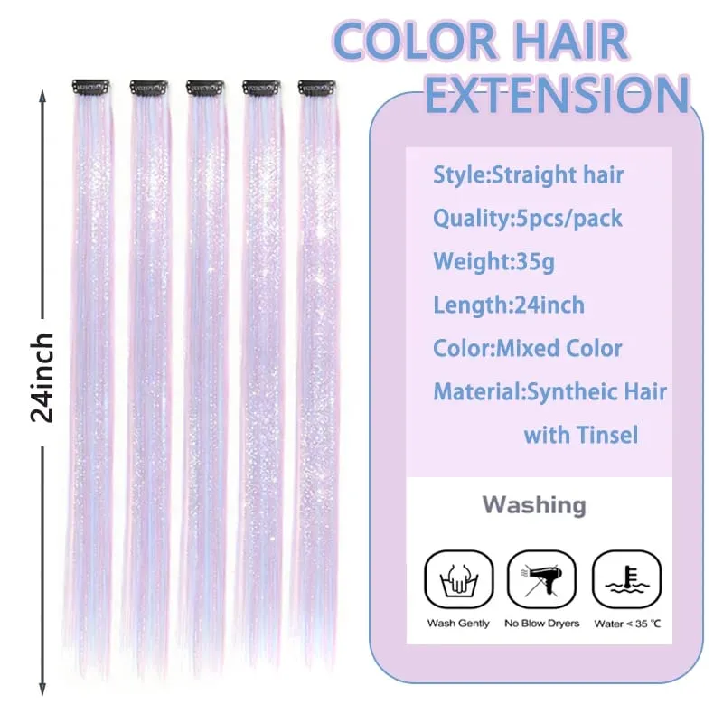 5pcs 24inch Colored Clip in Hair Extensions Long Straight Colorful Highlights Hair Pieces Synthetic Rainbow Hairpieces for women