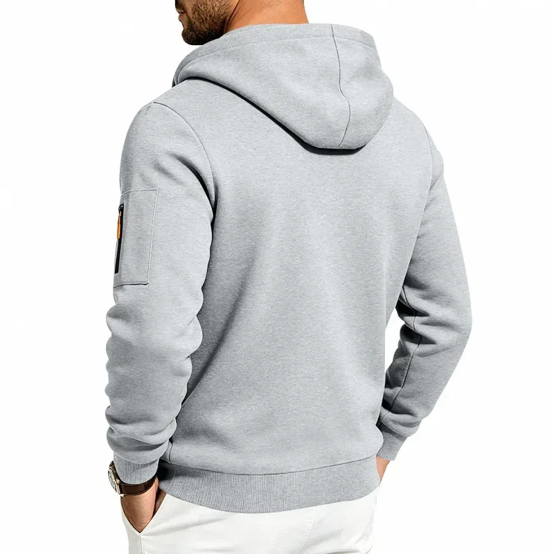 Men's Heavyweight Full Zip Hoodie Autumn Winter Casual Outdoor Hooded Sweatshirt Multi‑Pocket Drawstring Loose Fit Sports Jacket