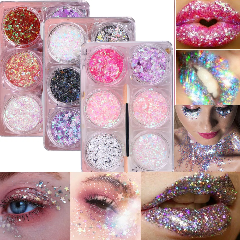 6Jar/set Holographic Body Glitter Gel Chunky Face Eye Heart Star Shaped Sparkle Glitter Sequins Makeup Nail Festival Party Decor