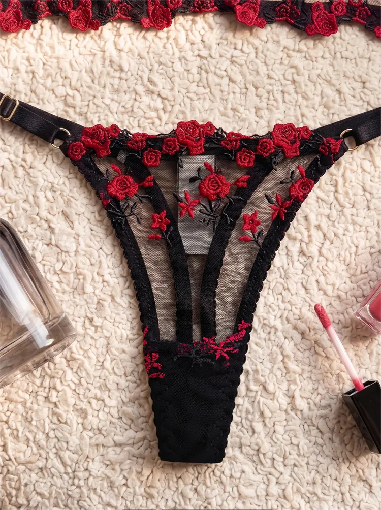 Women's Fishbone Bra Set Romantic Floral Embroidery Mesh Intimate Underwear Padded Push Up Brassiere&Thong 2 Pieces Lingerie Set