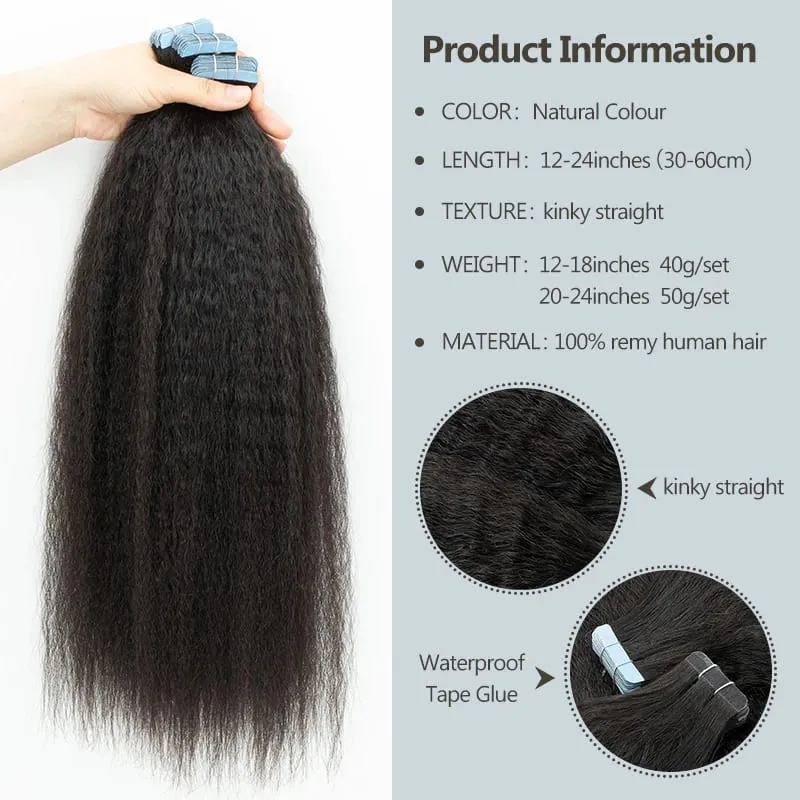 Human Hair Kinky Straight Tape in Extensions Remy Cuticle Yaki Tape in Hair Extensions 12-26 inch 20pcs Pack