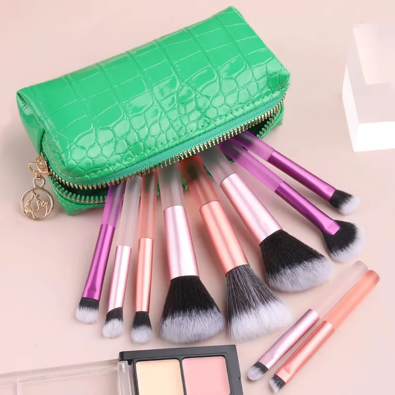 10Pcs Full Face Makeup Brush Kit Crocodile Grain Zipper Bag Powder Contour Shadow Brow Eyelash Cosmetic Brushes