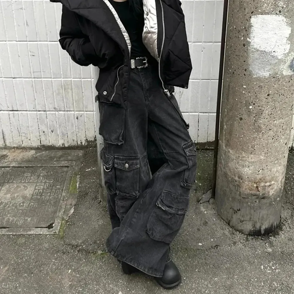 2025 Winter New Men's Multi-Pocket Wide-Leg Jeans American Retro Fashion Trend Street Hip Hop Casual Loose Niche Men's Bottoms