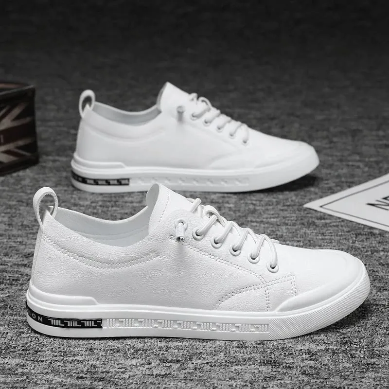 Men'S White Faux Leather Casual Sneakers Low Top Slip On Design Elastic Laces Comfortable Non Slip Sole Versatile Fashionable Sk
