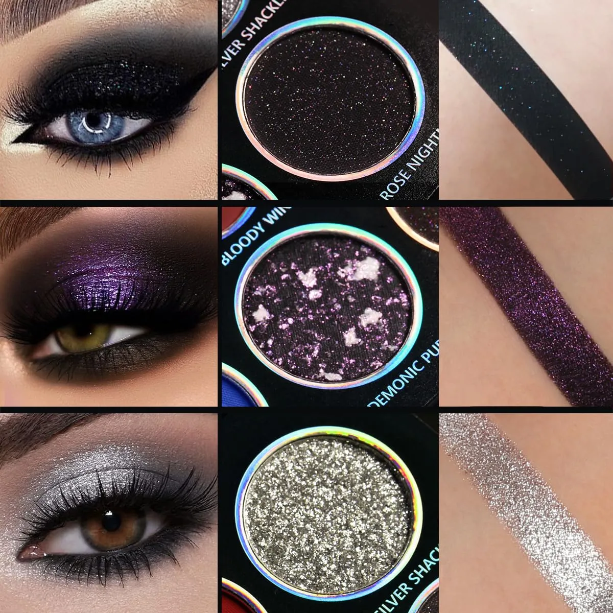 Ögonskuggspalett 12 färger Chameleon Metallic Silver Shimmer Svart Goth Clown Halloween Long Wear Vegansk ögonmakeup 17g