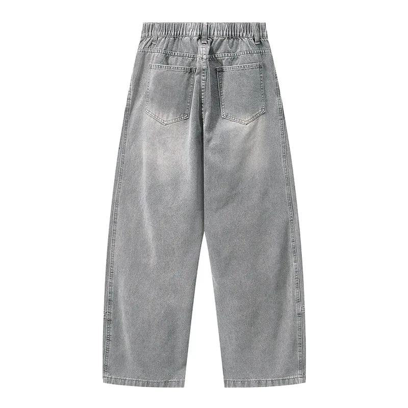 American High Street Curved Wide Leg Jeans For Men Vintage Grey Draped Loose Hip Hop Designer Bottoms