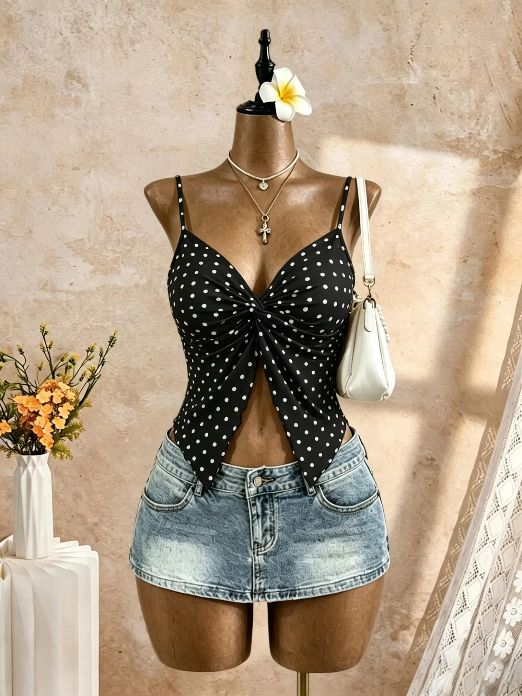 Women Spaghetti Strap V Neck Twist Front Cut Out Ruffle Irregular Hem Slim Fit Crop Cami Top 2026 Summer Y2K Solid White Sleevel