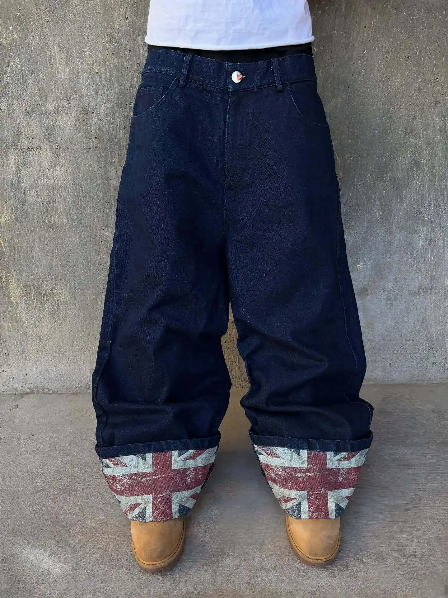 Y2K Skate Style Dark Blue Jeans UK Flag Printed Cuffed Hem Loose Wide Leg Denim Pants Streetwear