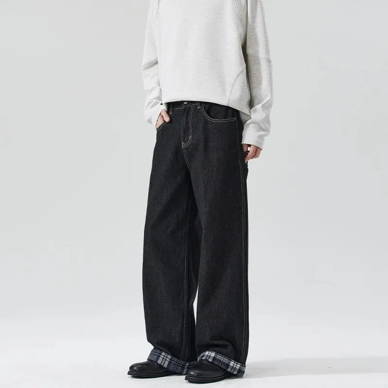Men's Denim Black Jeans 2026 New American Style Trendy Plaid Bottoms Patchwork Raw Long Pants Loose Straight Trousers X2560