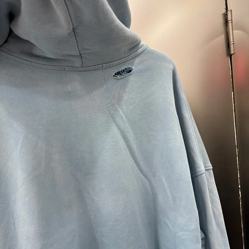Light Blue PALY Letter Crystal Hoodie Ripped Washed Fashion Patch High Street Casual Men Women 1:1 Zipper Sweatshirts