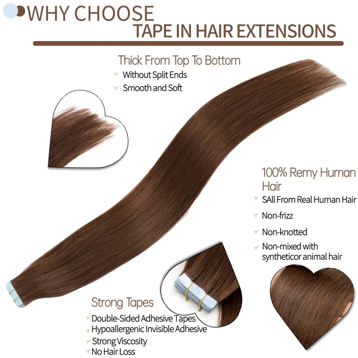 #4 Tape in Hair Extensions Human Hair Straight Hair extensions Real 100% Human Hair Tape in Extensions Brown 20Inch 20Pieces 50g