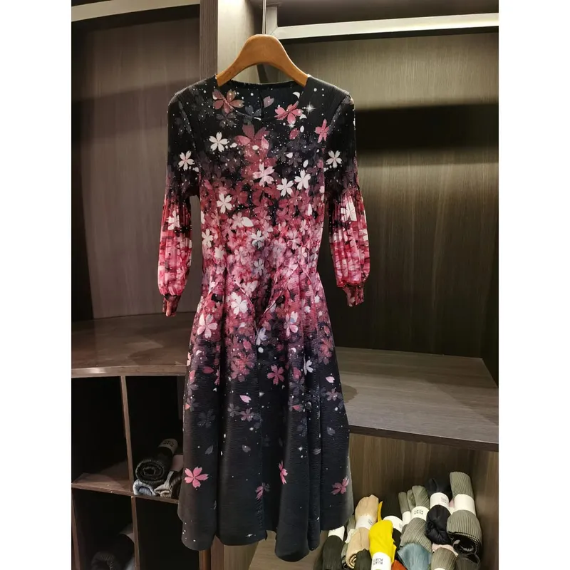 Spring New Oil Painting Print Ruched Dress Women's Beach Vacation Platycodon French Long Dress Fairy Style