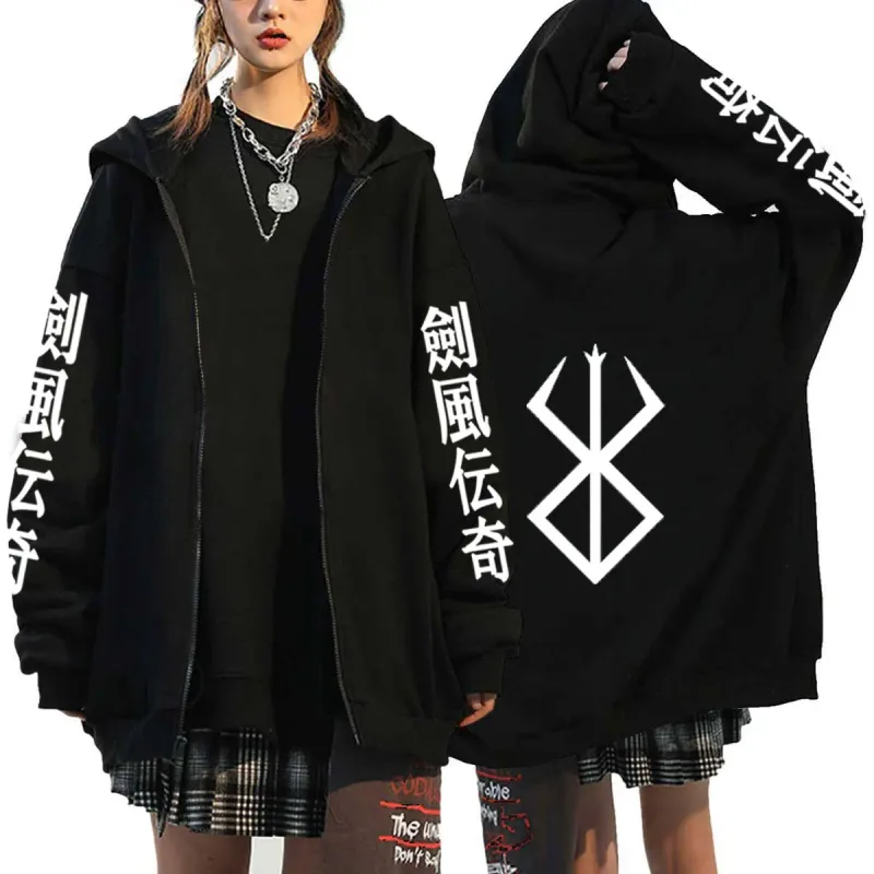 Berserk Zipper Hoodies Lalaki Babae Long Sleeve Sweatshirt Fleece Oversized Jackets Coats Nakakatuwang Berserk Japanese Anime Streetwear