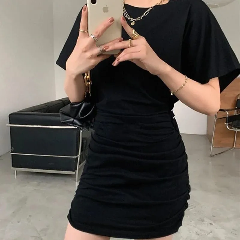 Women Summer Short Sleeve Dress Lady Bodycon Ruched Black Short Skirt Female Casual Elegant Party Daily Wear Dresses
