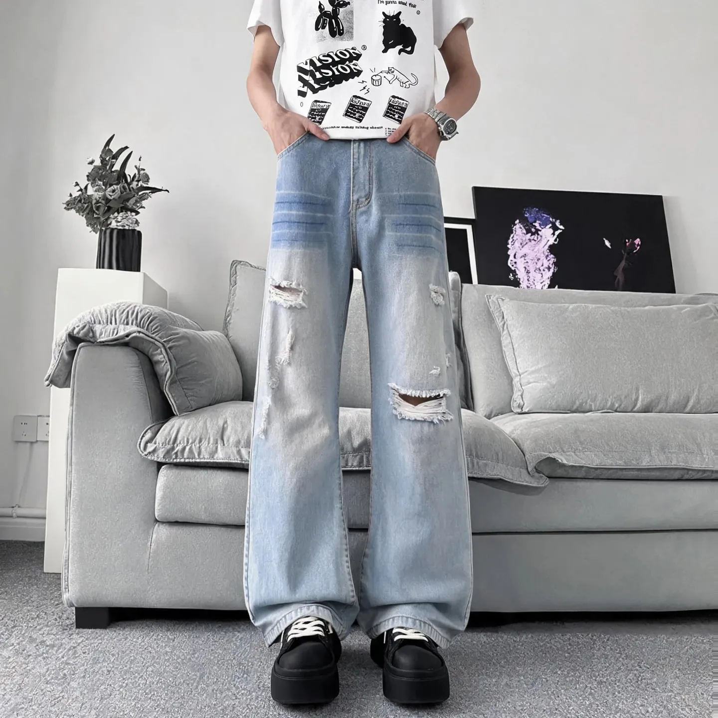 Summer Men's Distressed Denim Pants 2026 New Gray Washed Ripped Loose Straight Leg Casual Streetwear Jeans