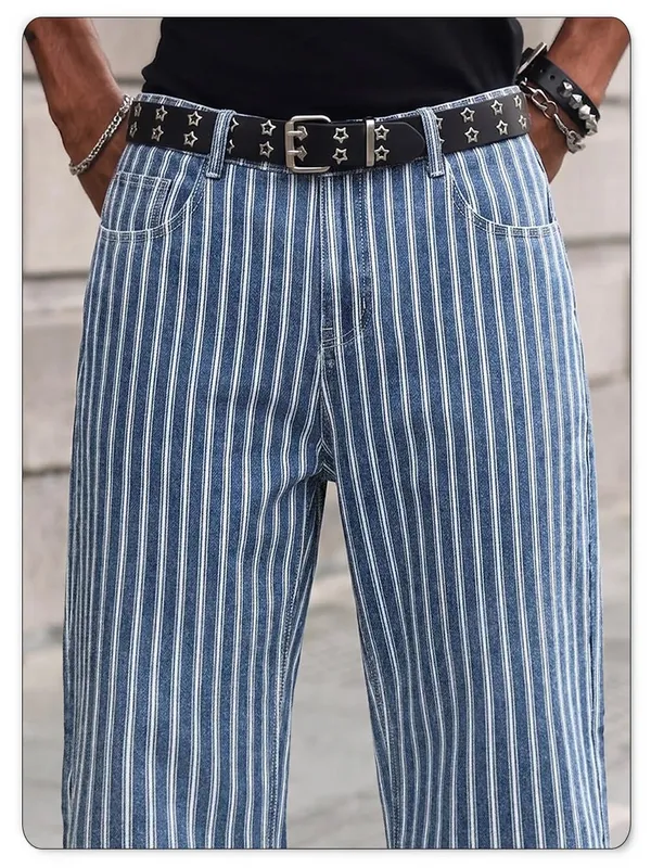 Men's Blue White Striped Jacquard Straight Leg Jeans Baggy Casual Pants Suitable for Work and Leisure Without Elasticity — image 7