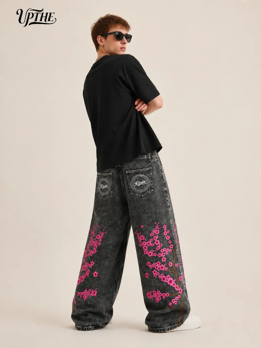 UP.THE Men Baggy Wide Leg Jeans Vintage Washed Black Gray Denim Pants Y2K Loose Cherry Blossom Embroidery Heart Letter Print Streetwear Jeans for Daily Hip Hop Casual Outfits