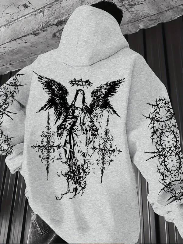 Men's Angel-themed graffiti thorn print streetwear hip-hop punk style hooded sweatshirt regular fit version sweatshirt hoodie — image 9