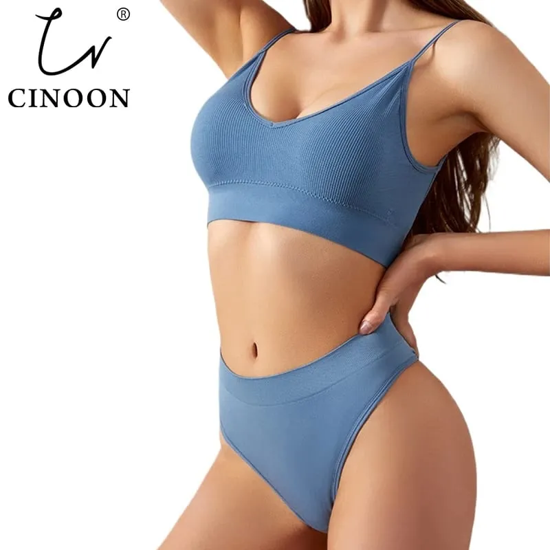 Dámská bezešvá žebrovaná sada podprsenky Wireless Deep V Bralette Top Kalhotky Dvoudílná sada spodního prádla Sportovní Fitness spodní prádlo
