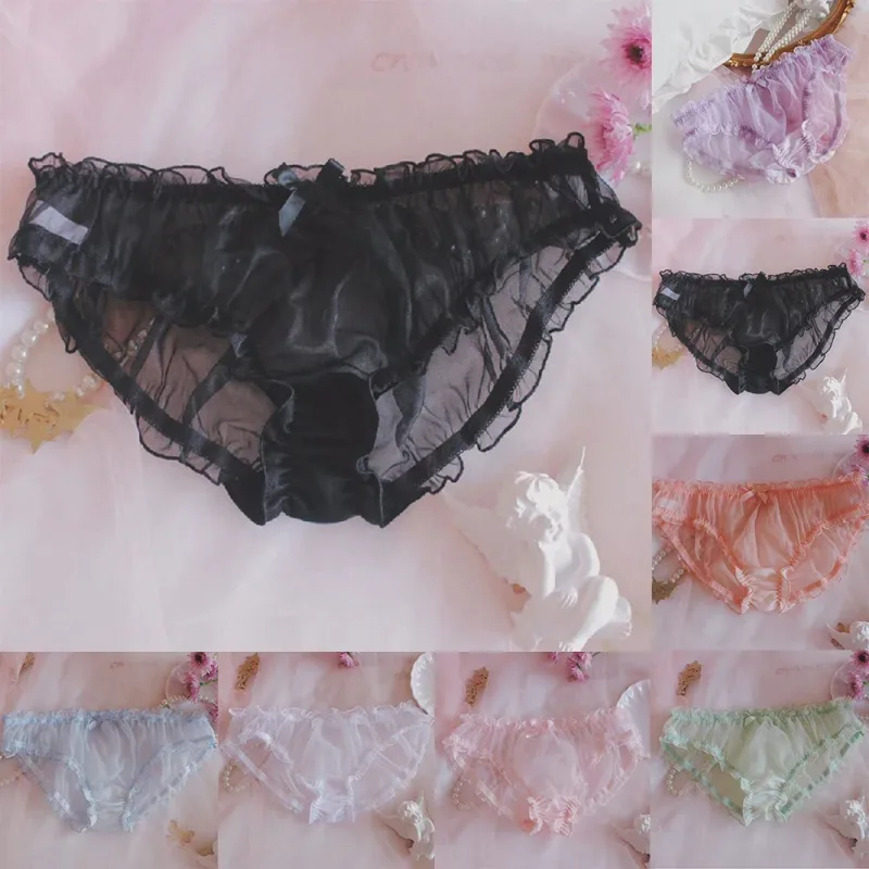 Homens Sissy Malha Chiffon Arco Floral Renda Bolsa Cueca Calcinha Biquíni Breve Calcinha Pura Transparente Sólida Cuecas Masculinas Shorts