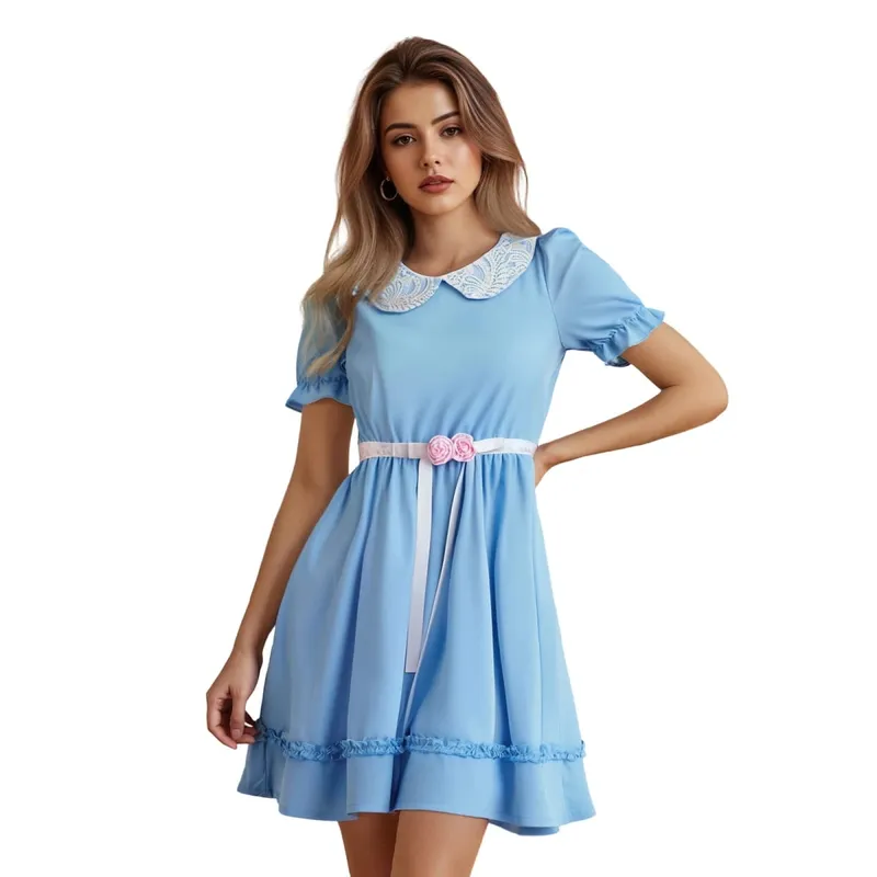 Kawaii Doll Collar Dress Puff Sleeve Tiered Ruffle A-Line Dress dengan Bow Belt for Daily Party Club Lolita Style Fairy Mini Dress