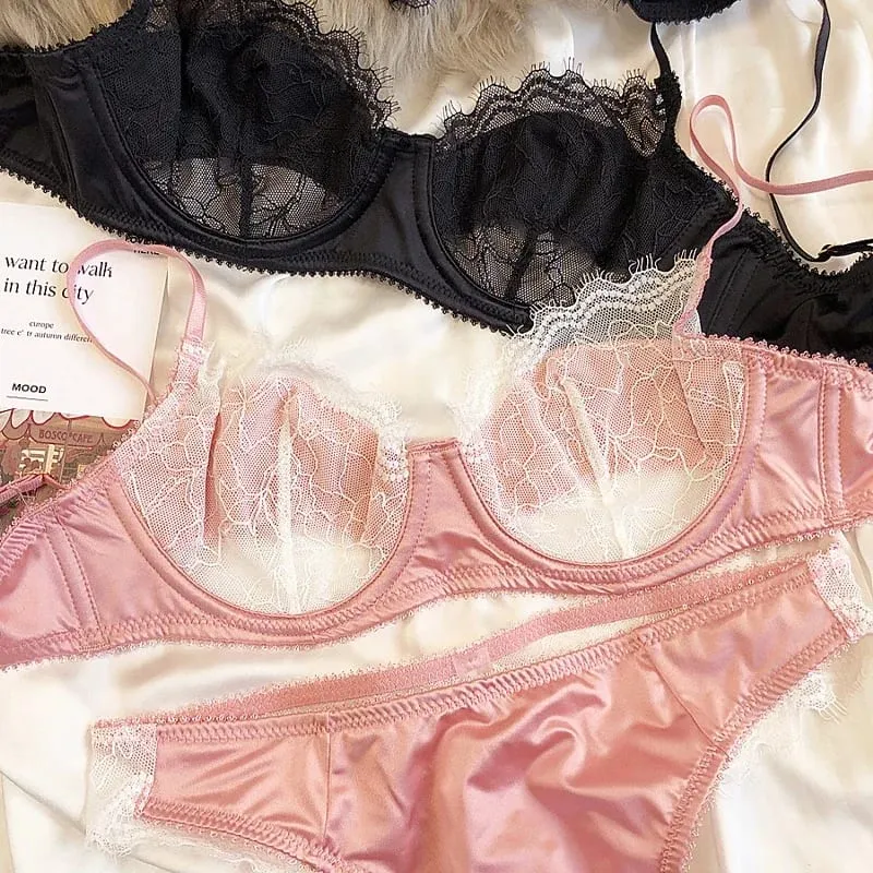 2 Keping Set Bra Renda Ultra Nipis Seksi Wanita Warna Splicing Pakaian Dalam Sutera Perancis Bernafas dan Seluar Dalam Pakaian Dalam Intim