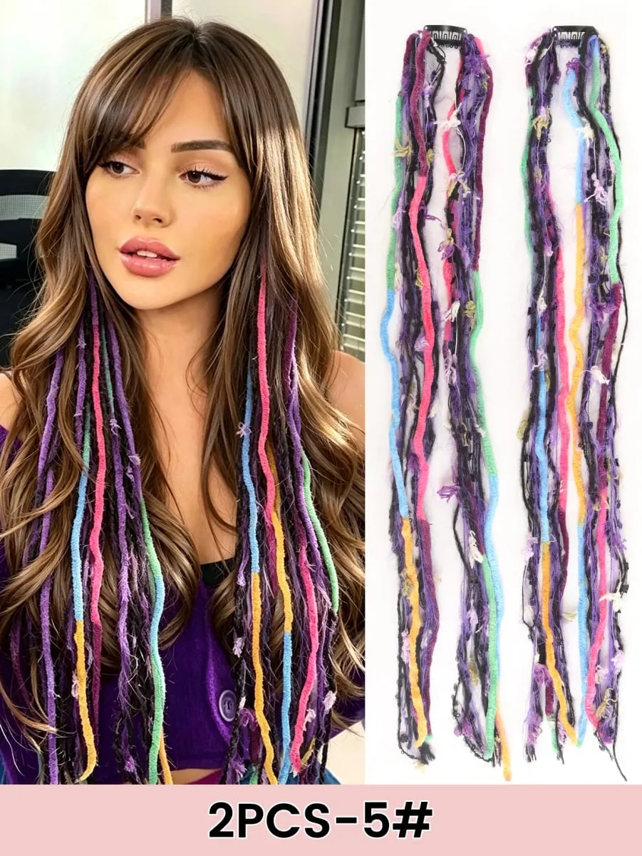 2PCS Colorful Rope Braided Hair Clip In Extensions Black Hair Dreadlock Hair Pieces Bohemian Hair Accessories For Women Daily