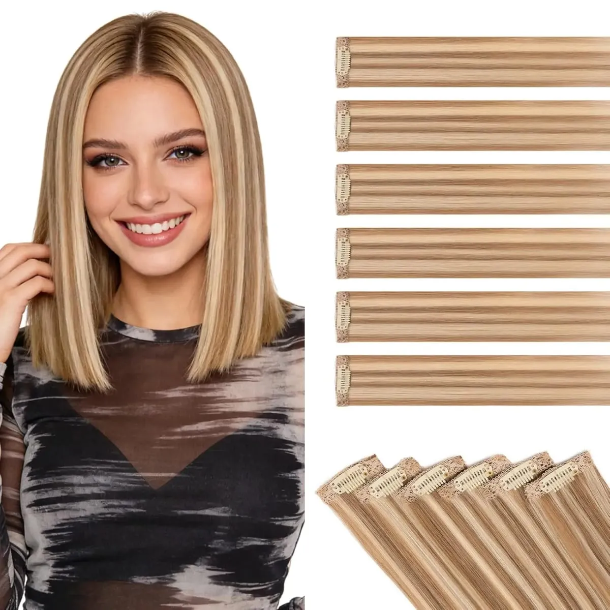 6PCS 6 Clips In Synthetic Hair Extensions Black Color Dark Blonde Short Straight Highlights Hairpin Hairpiece For Women