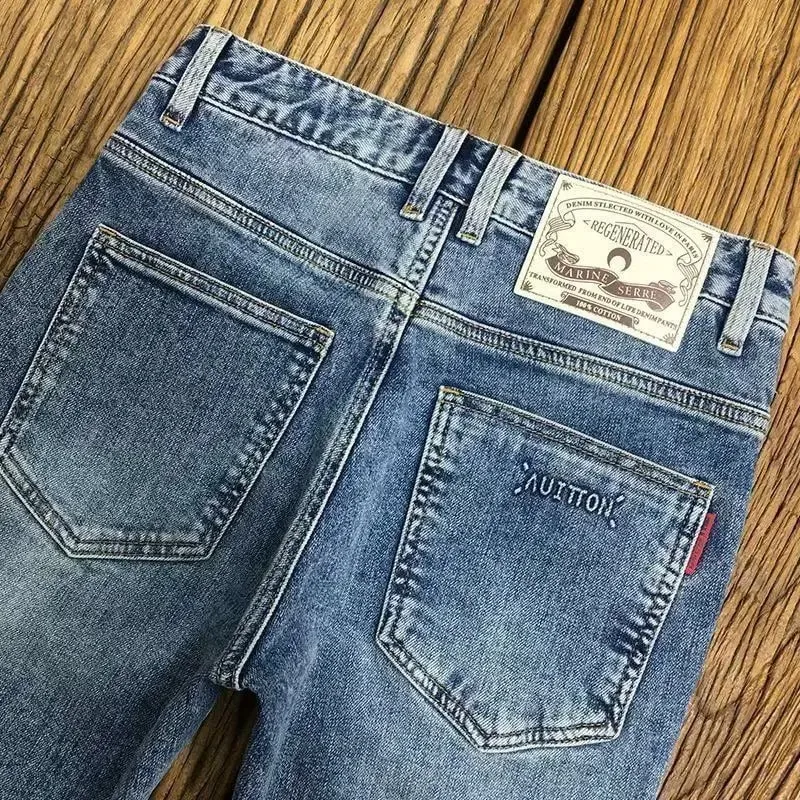Embroidery Slant Pocket Jeans Men's Trendy Brand Embroidery Slim-fit Elastic Small Straight Blue Fashion Casual Trousers Men