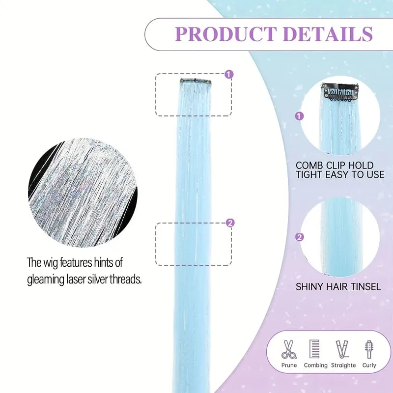 BB Clip in Synthetic Hair Extensions with Laser Silver Threads Colorful Shiny Hair Pieces for Party Daily Use No Damage