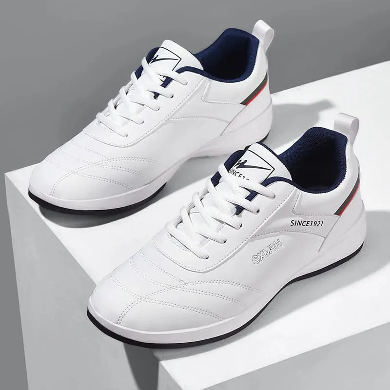 Double Star Men's White Leather Casual Sneakers Lightweight Breathable Non-slip Walking Sport Shoes