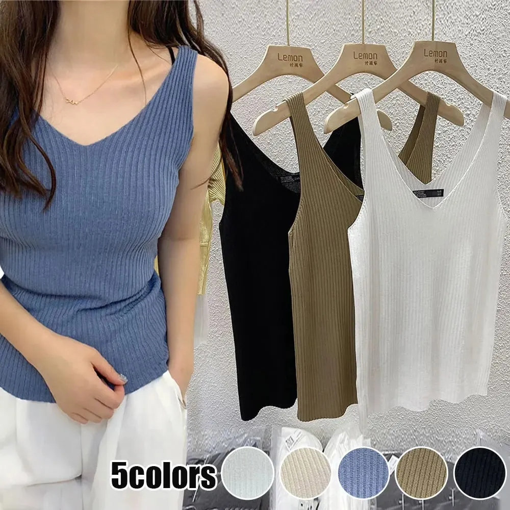 New Summer Sexy V-Neck Sleeveless Knit Women Camis Slim Pure Desire Style Basic Crop Top Korean Style Solid Versatile Tank Top