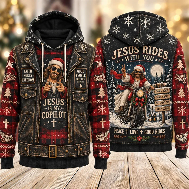 Funny Jesus Christmas Biker Hoodie 3D Graphic Motorcycle Rider Vintage Holiday Pullover Winter Streetwear Party Casual Gift