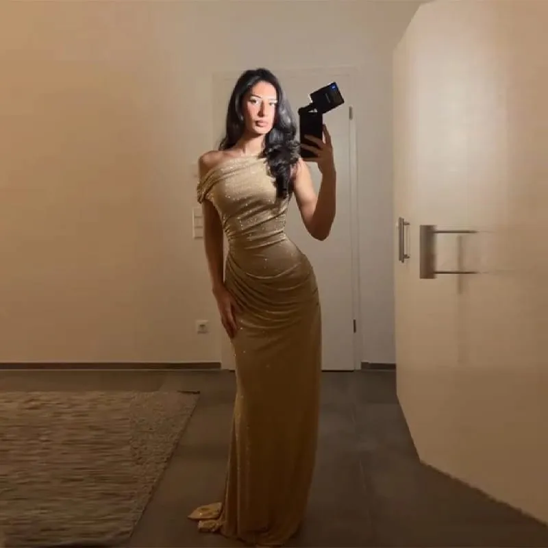 優雅一肩亮片派對禮服別緻性感露背褶皺設計修身女長禮服 2026 新款派對晚裝