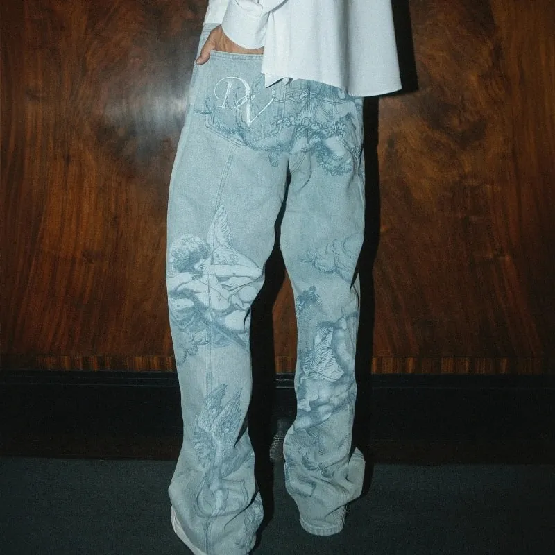 Y2K Fashion Denim Pants Art Classic Pattern Colossal Angel Jeans Retro Gothic Hip Hop Harajuku Streetwear Men Women Baggy Pants